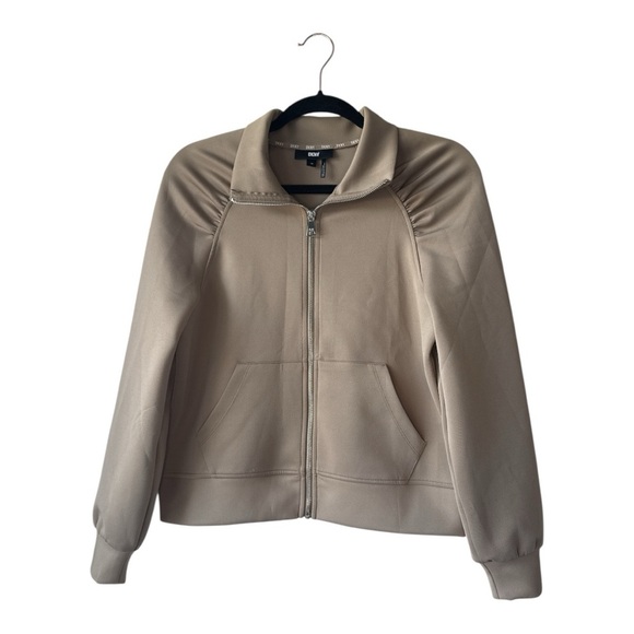 DKNY Jacket Womens XS Beige Full Zip Puff Sleeve Athleisure Activewear - Picture 2 of 4